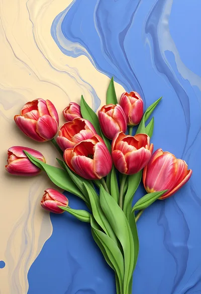 Bouquet of Red Tulips on Abstract Blue and Beige Background