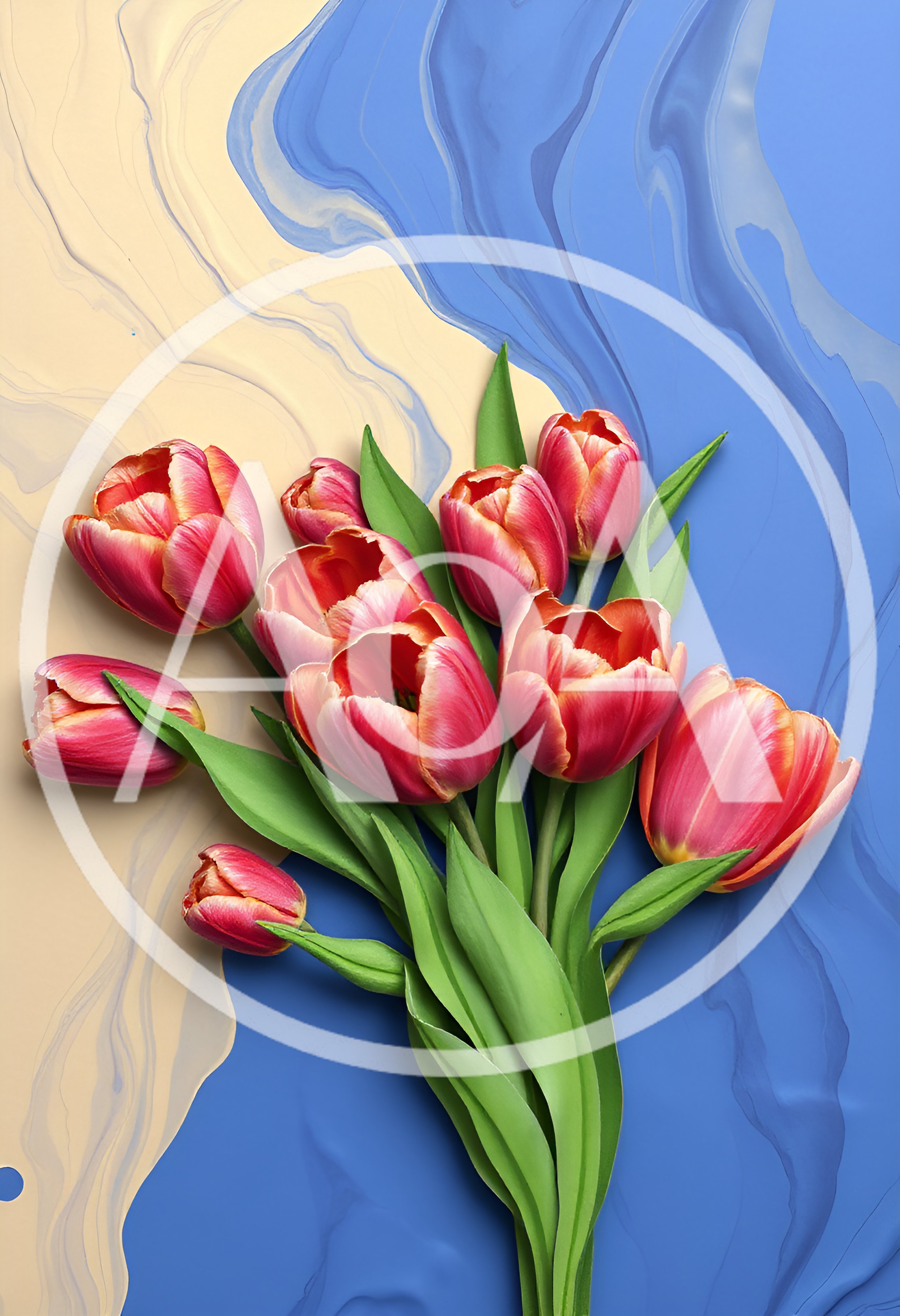 Bouquet of Red Tulips on Abstract Blue and Beige Background
