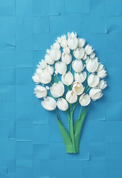 White Tulip Bouquet Arrangement on Blue Tiled Background