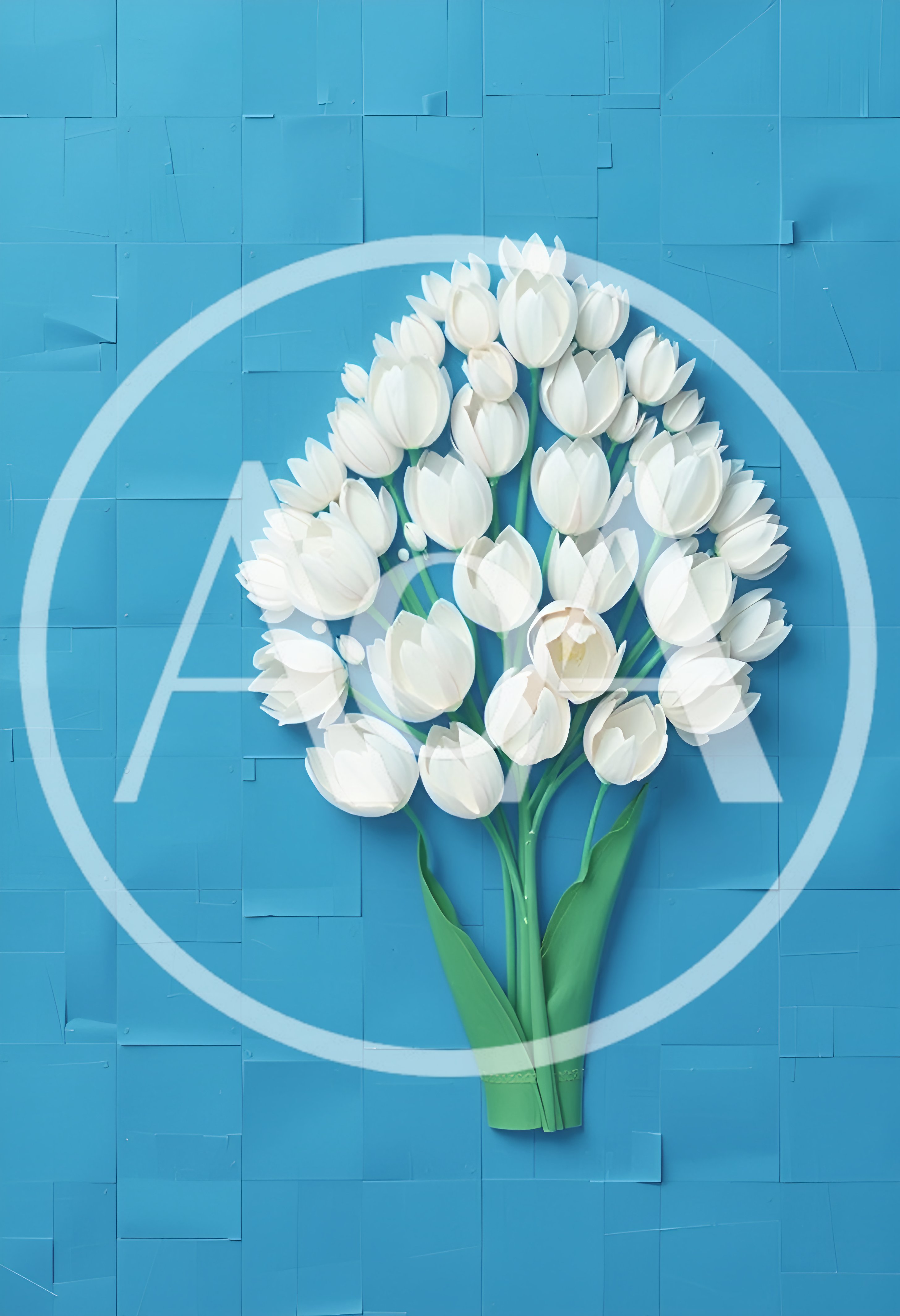 White Tulip Bouquet Arrangement on Blue Tiled Background