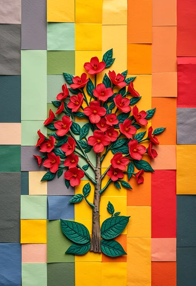 Paper Craft Tree With Red Flowers On Mosaic Background