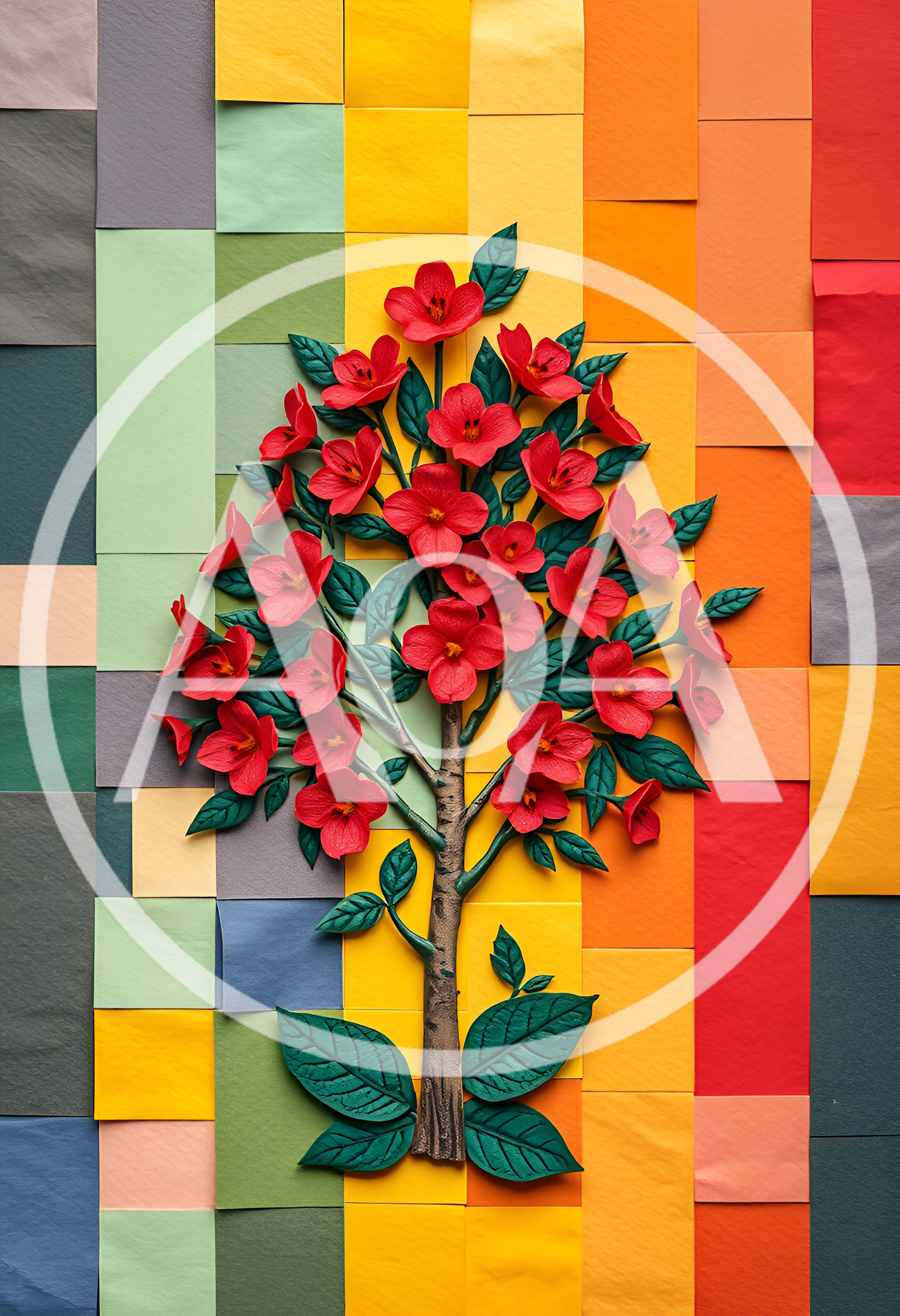 Paper Craft Tree With Red Flowers On Mosaic Background