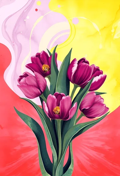 Vibrant Purple Tulips Against Abstract Colorful Background
