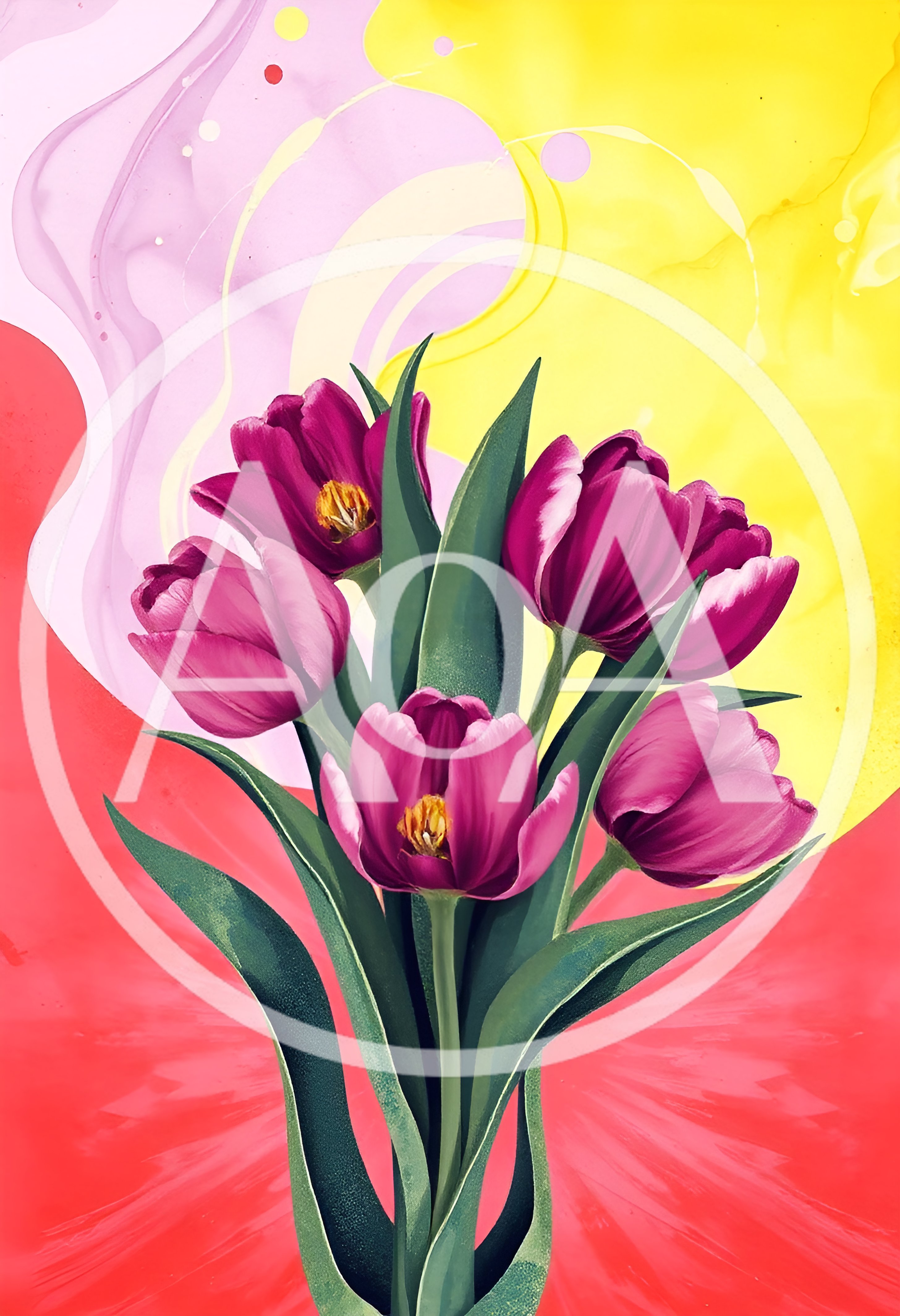 Vibrant Purple Tulips Against Abstract Colorful Background