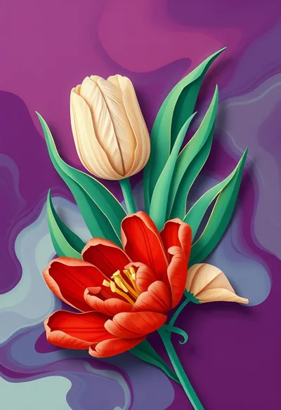 Elegant Red And Cream Tulips On Abstract Purple Background