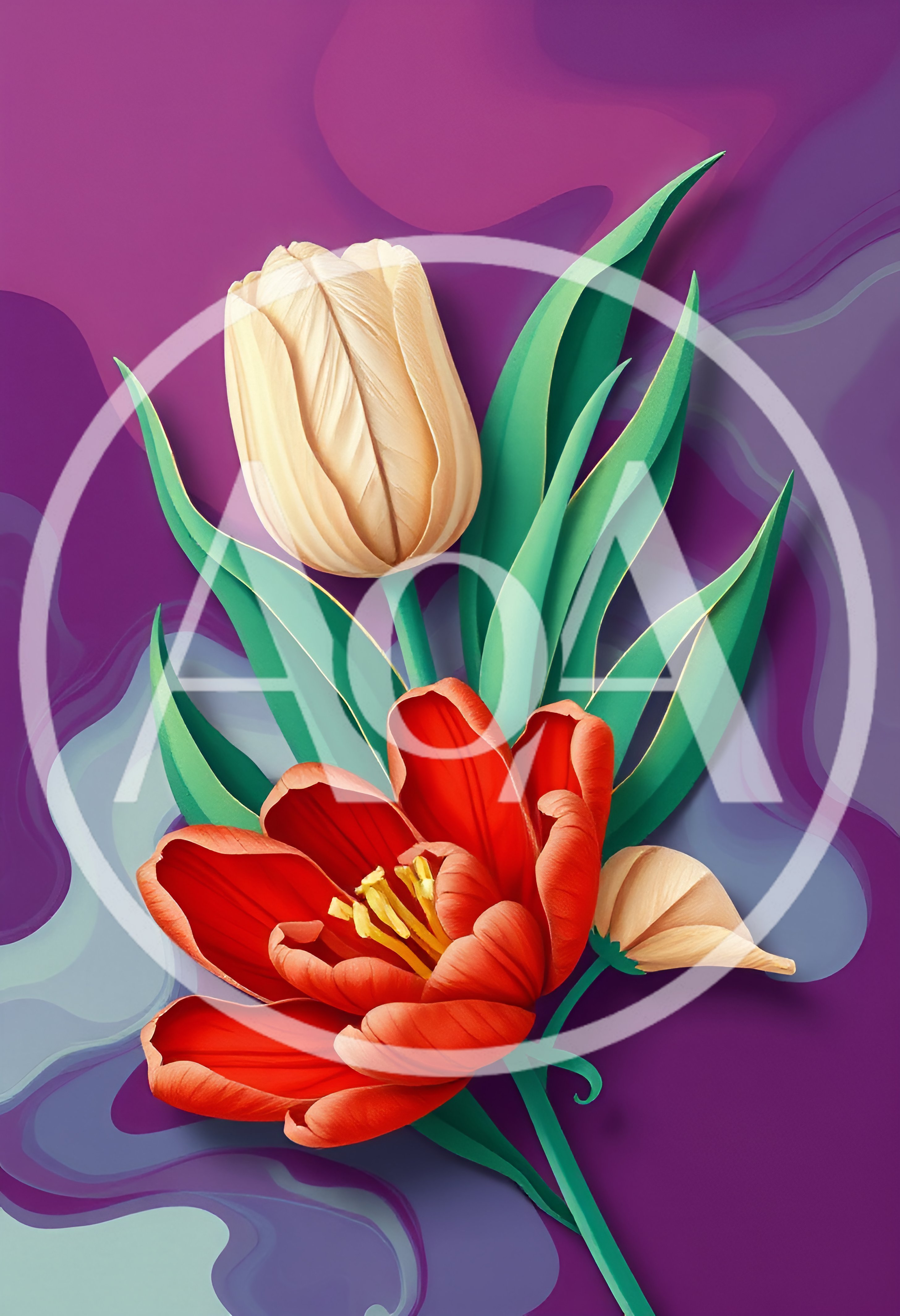 Elegant Red And Cream Tulips On Abstract Purple Background