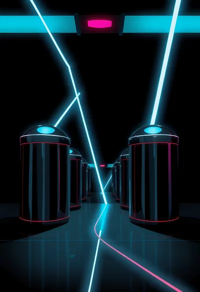 Futuristic Corridor With Glowing Cylindrical Pods And Lasers