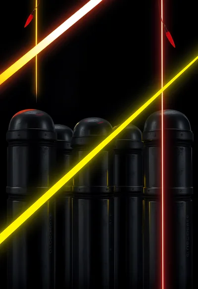 Abstract Industrial Cylinders With Neon Light Beams