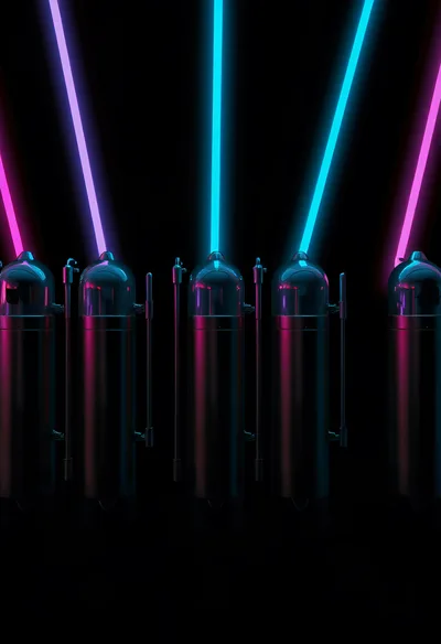Futuristic Cylindrical Capsules Emitting Neon Laser Beams