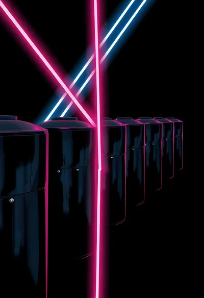 Futuristic Cylindrical Battery Array With Neon Laser Beams