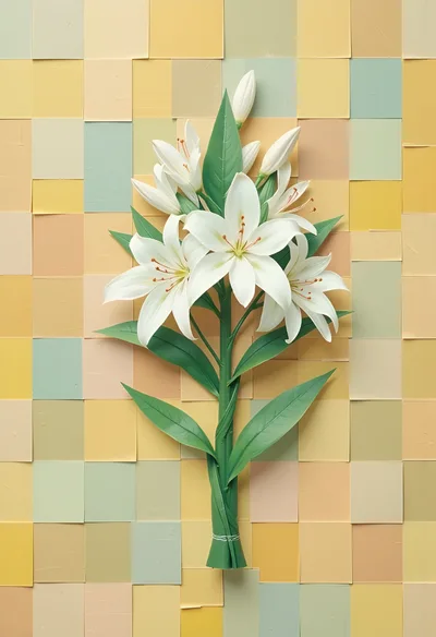 White Lily Bouquet Against A Pastel Tiled Background