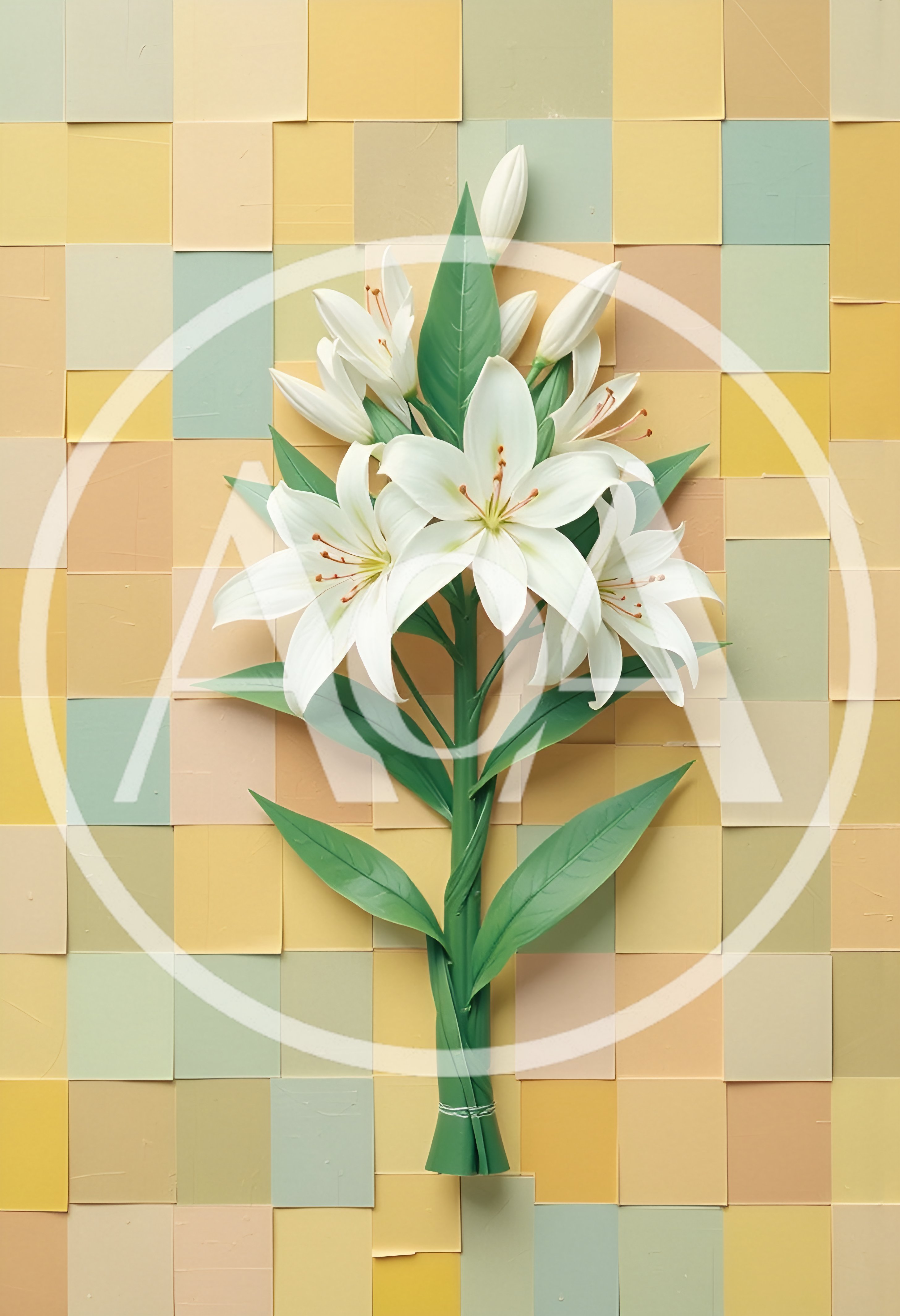 White Lily Bouquet Against A Pastel Tiled Background