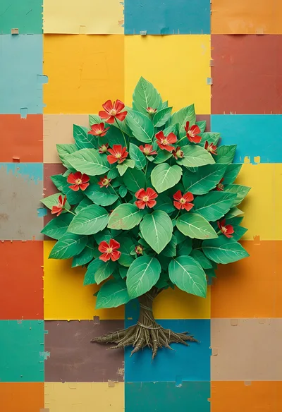 Paper Craft Tree With Red Flowers On Colorful Background