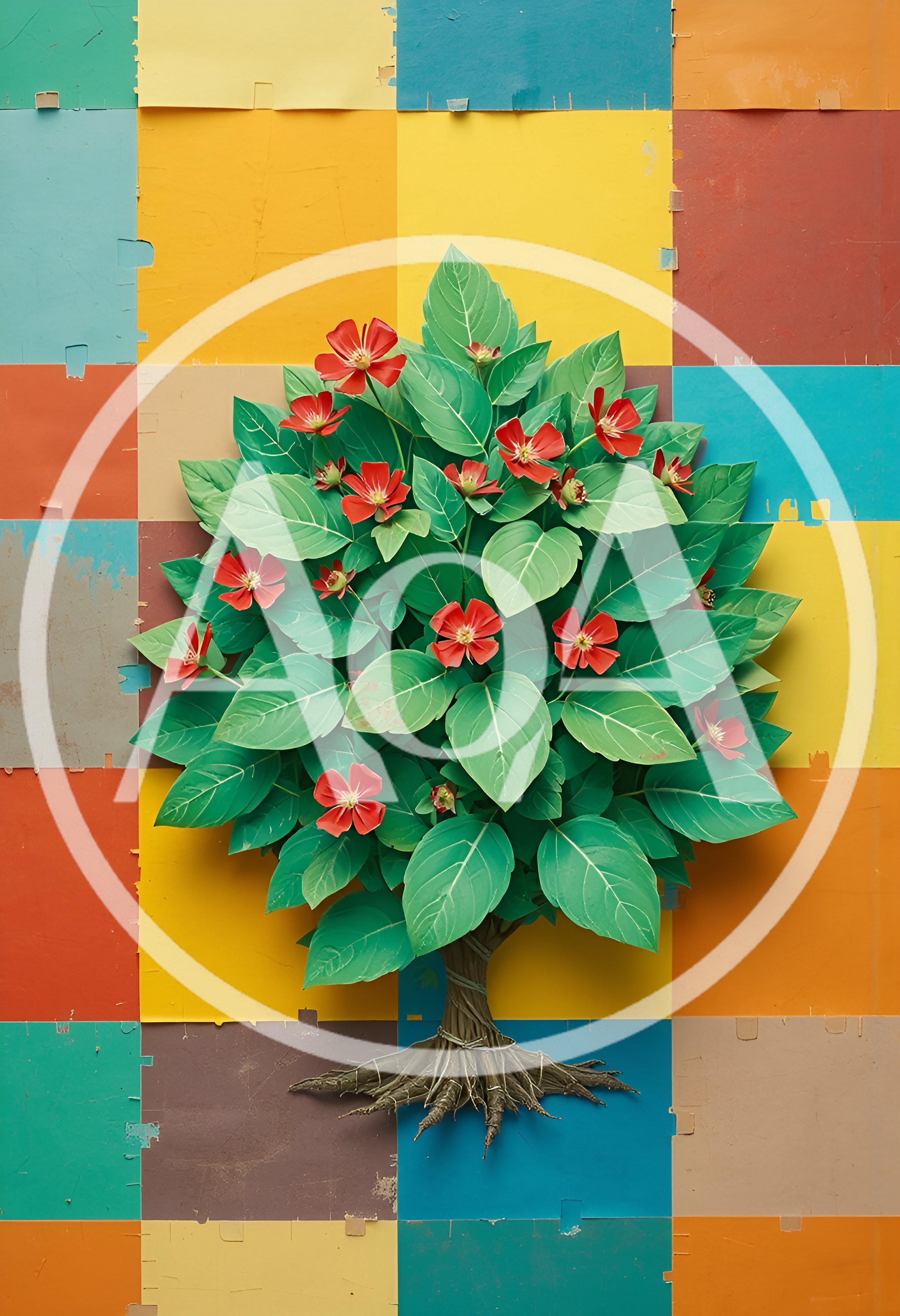 Paper Craft Tree With Red Flowers On Colorful Background
