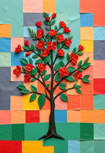 Paper Craft Tree With Red Flowers On Mosaic Background