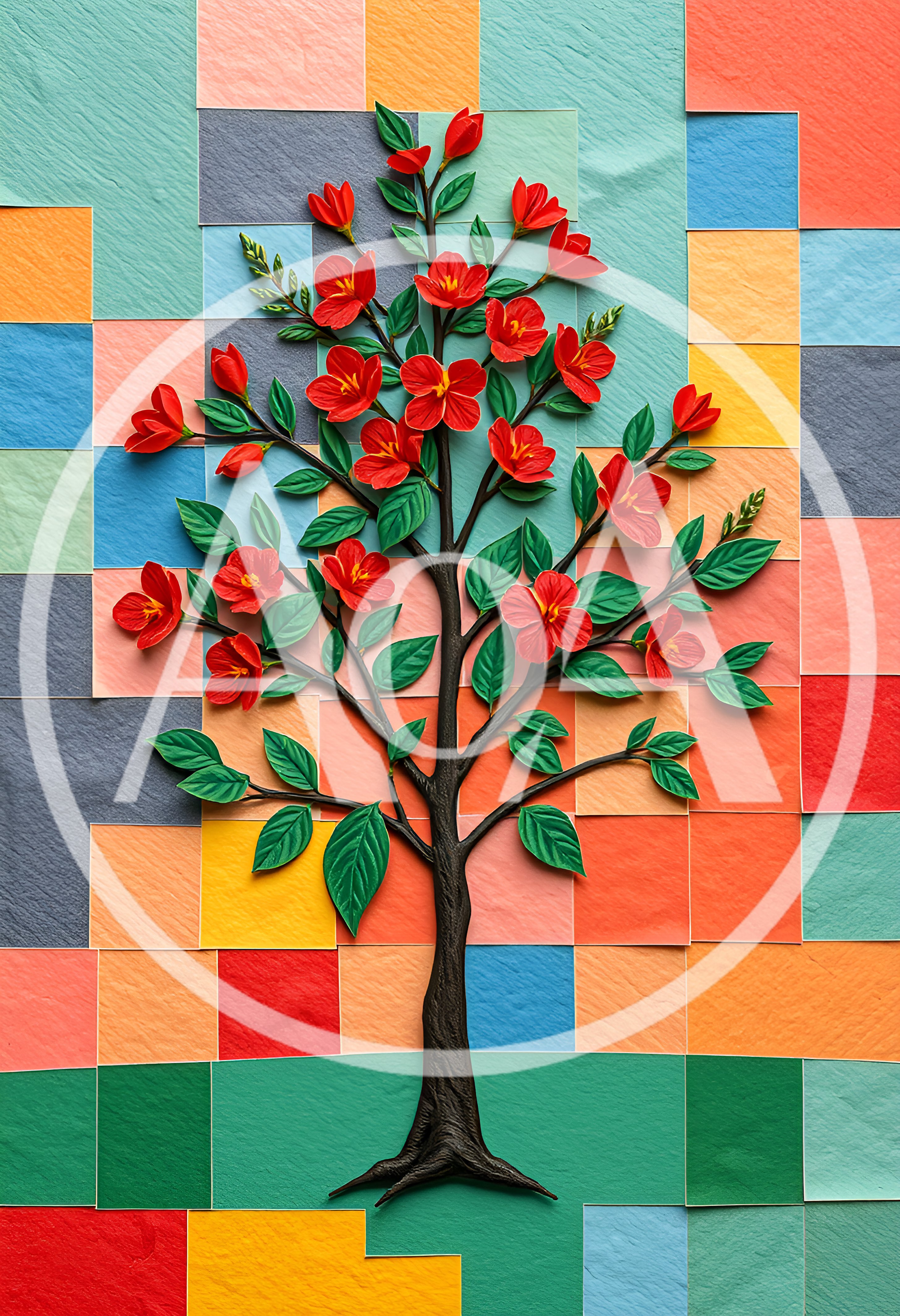 Paper Craft Tree With Red Flowers On Mosaic Background