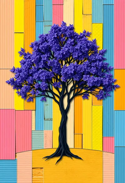 Stylized Purple Tree Against Colorful Corrugated Metal Background