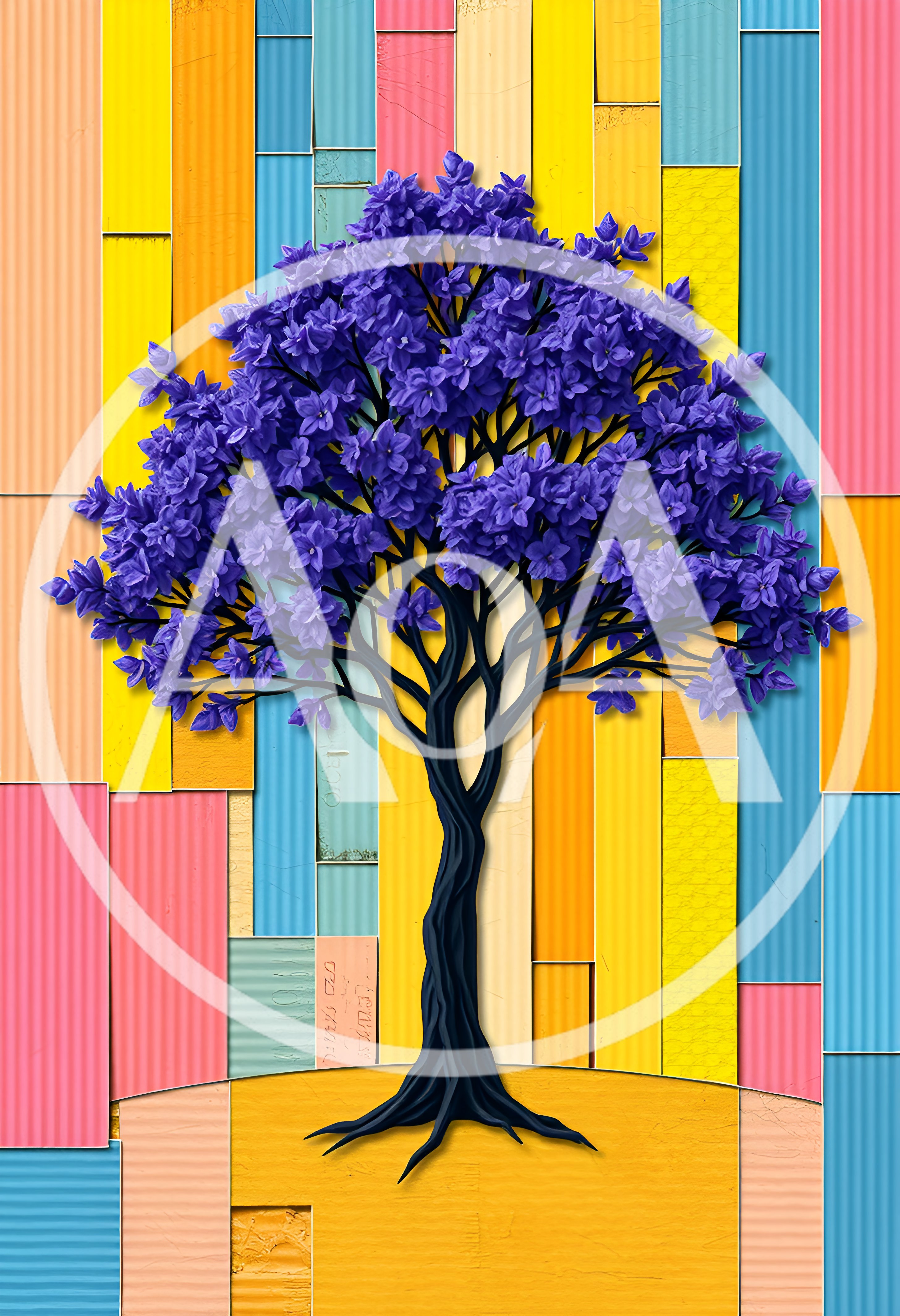 Stylized Purple Tree Against Colorful Corrugated Metal Background
