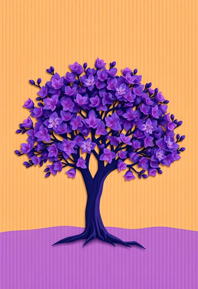 Paper Cutout Style Purple Flowering Tree Illustration