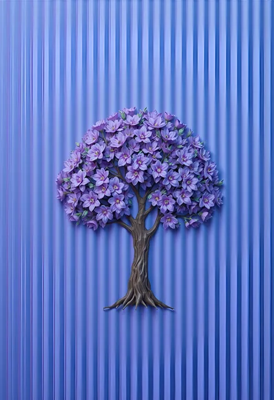 Stylized Purple Flowering Tree On Vertical Striped Background