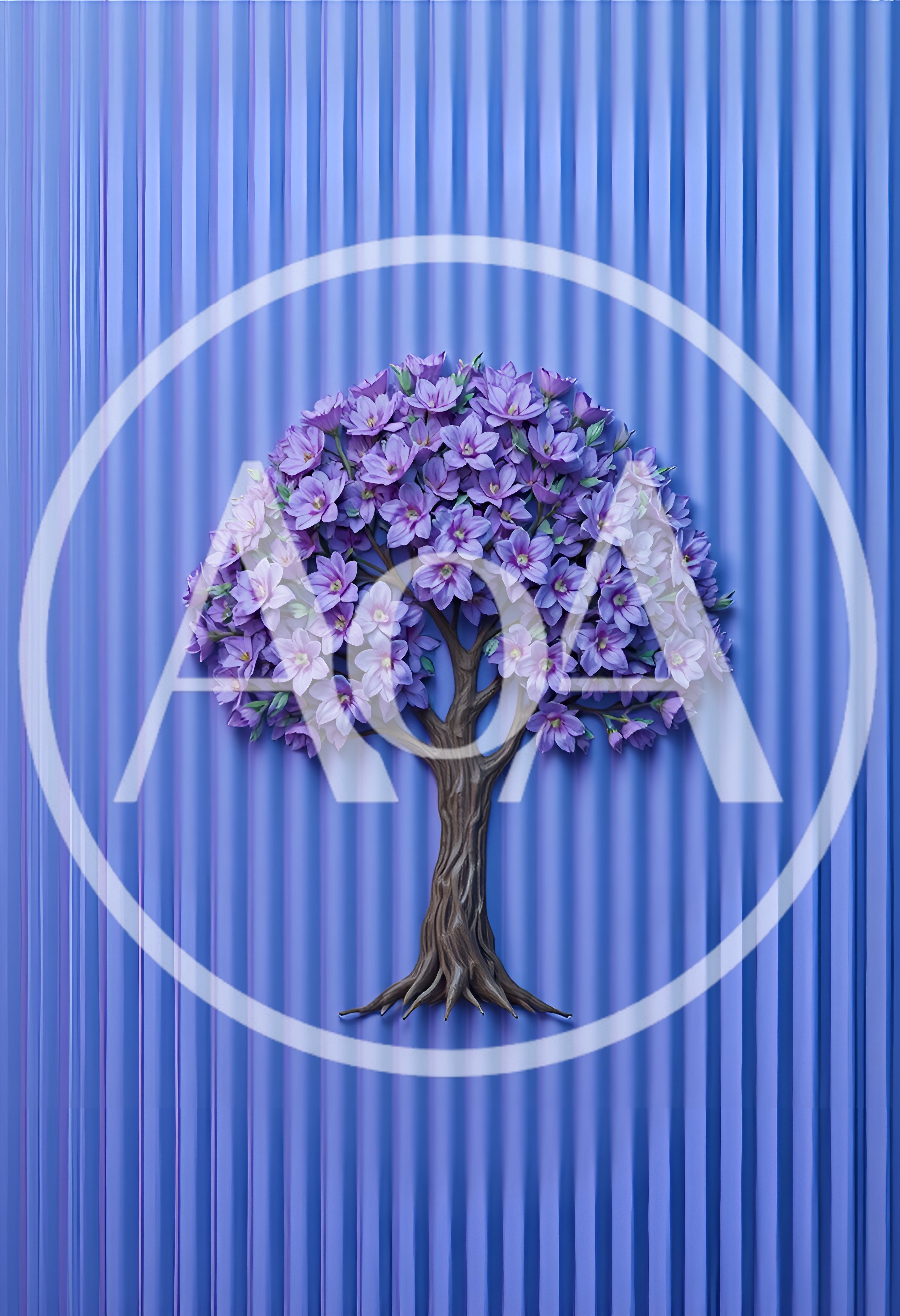 Stylized Purple Flowering Tree On Vertical Striped Background