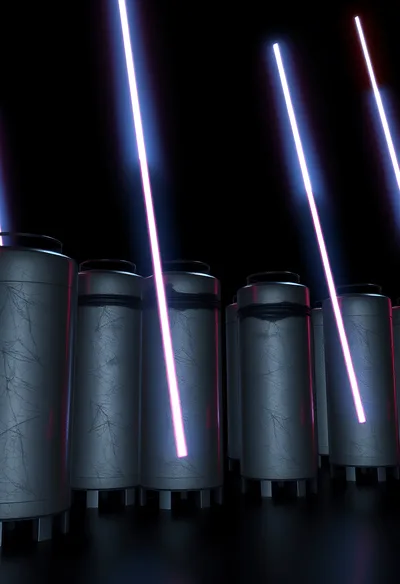 Futuristic Industrial Cylinders With Glowing Neon Light Beams