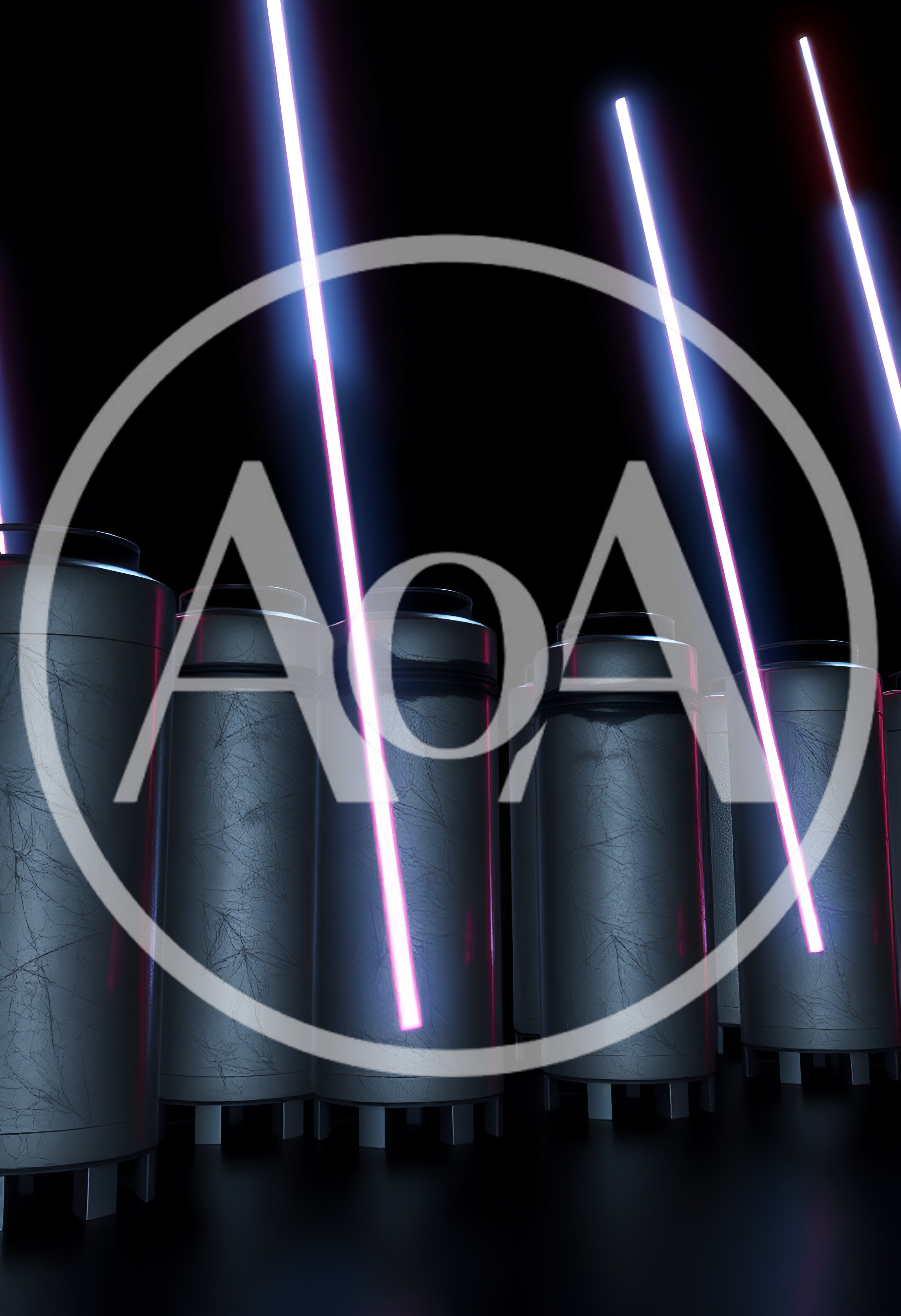 Futuristic Industrial Cylinders With Glowing Neon Light Beams