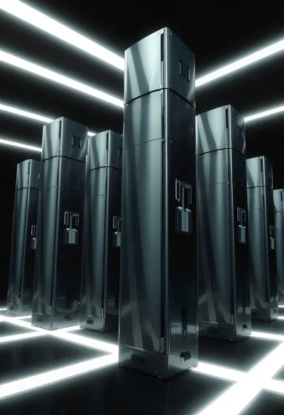 Futuristic Server Room With Metallic Data Towers