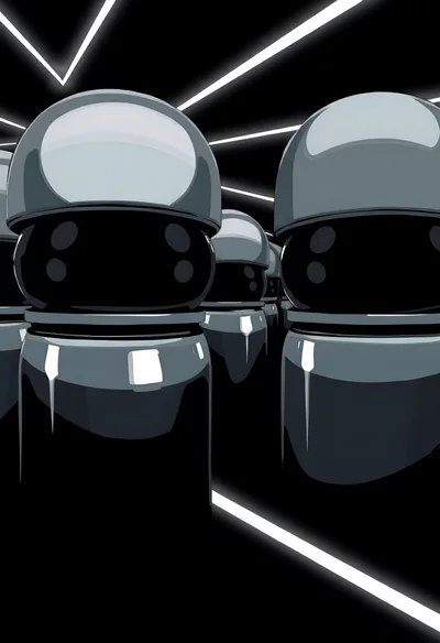 Futuristic Robot Army Standing In Dark Neon Corridor