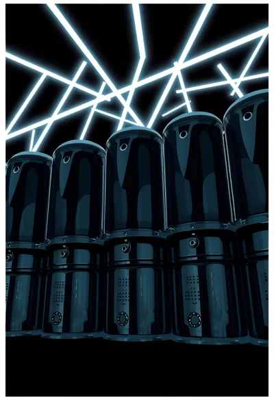 Futuristic Server Rack Array With Glowing Neon Light Lines