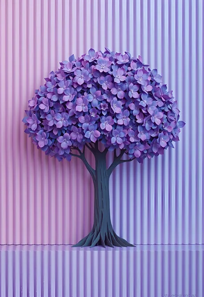Stylized Purple Flowering Tree Against Corrugated Background