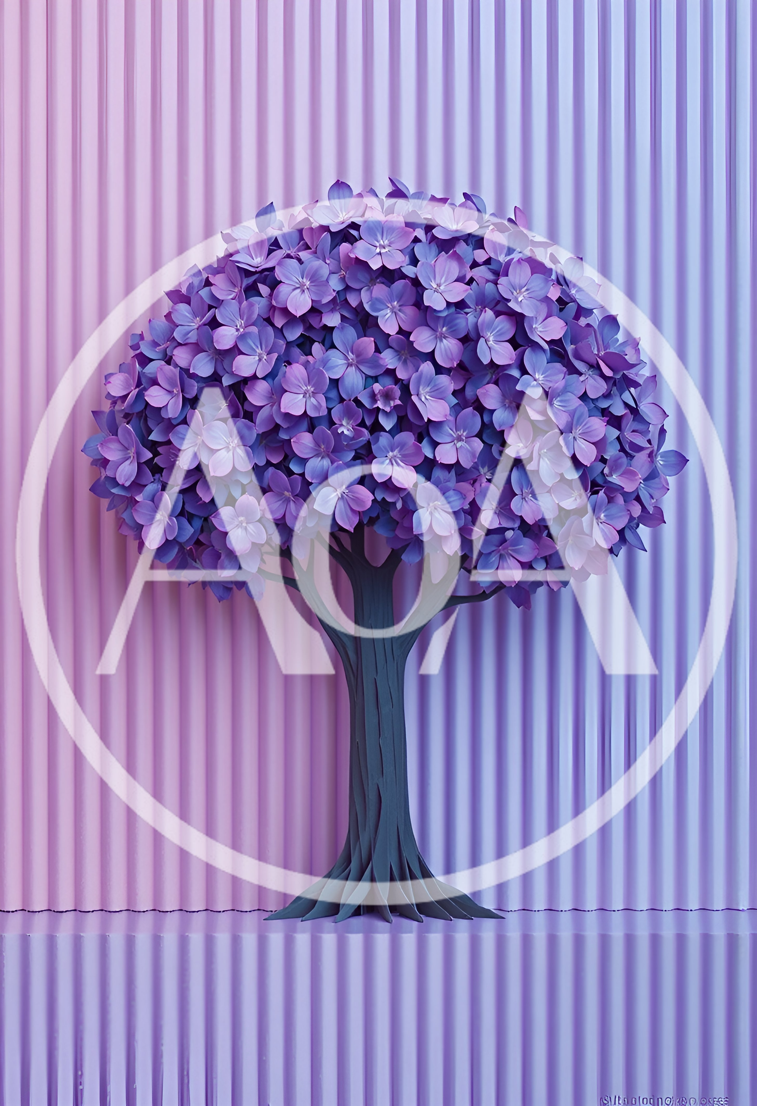 Stylized Purple Flowering Tree Against Corrugated Background