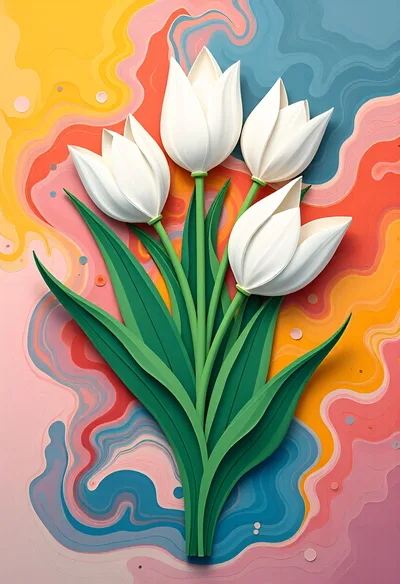 Paper Craft White Tulips On Abstract Colorful Background