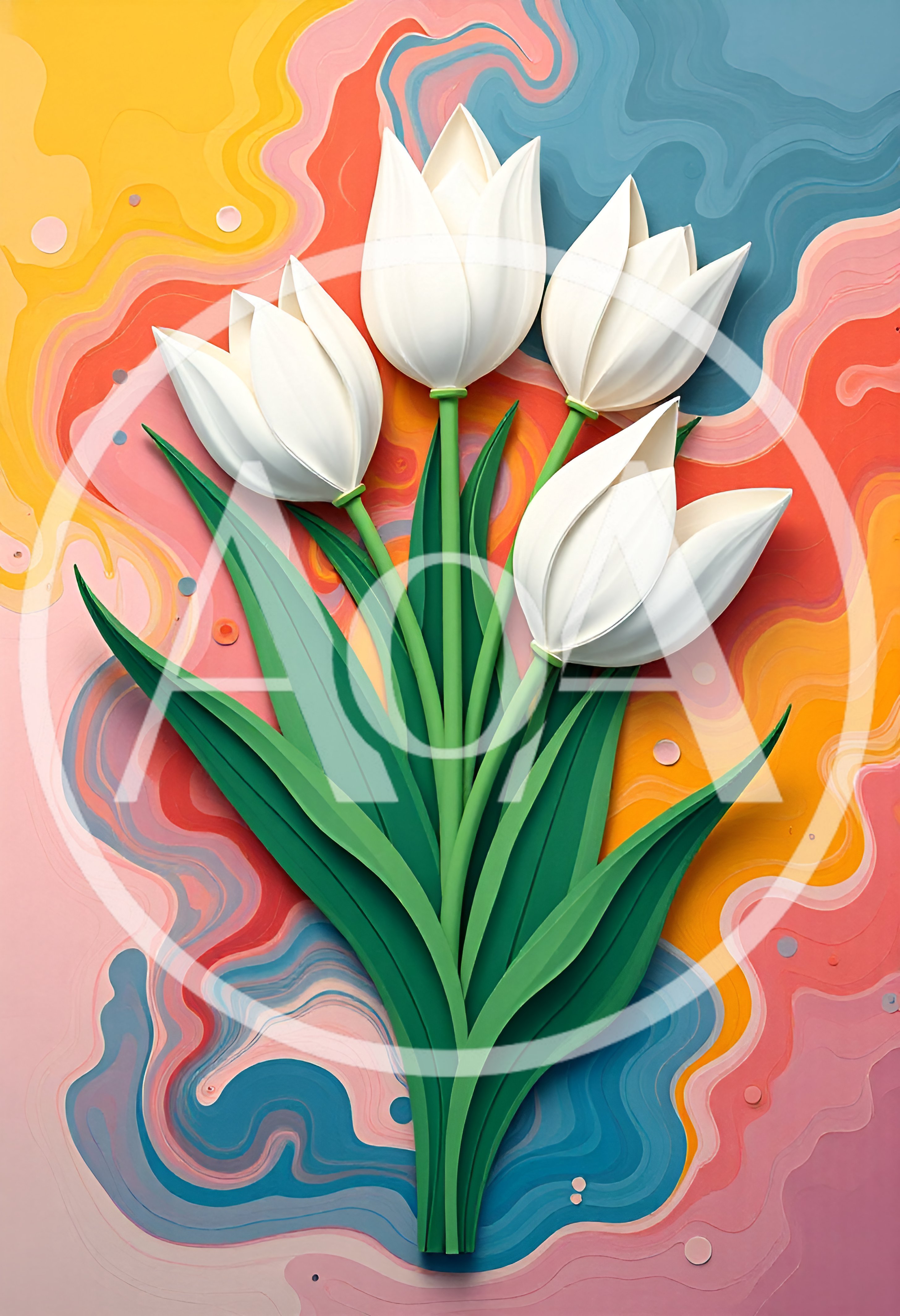 Paper Craft White Tulips On Abstract Colorful Background