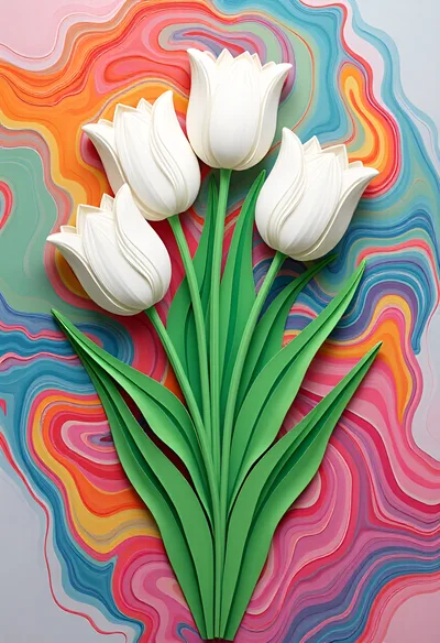 Paper Craft White Tulips On Abstract Colorful Background