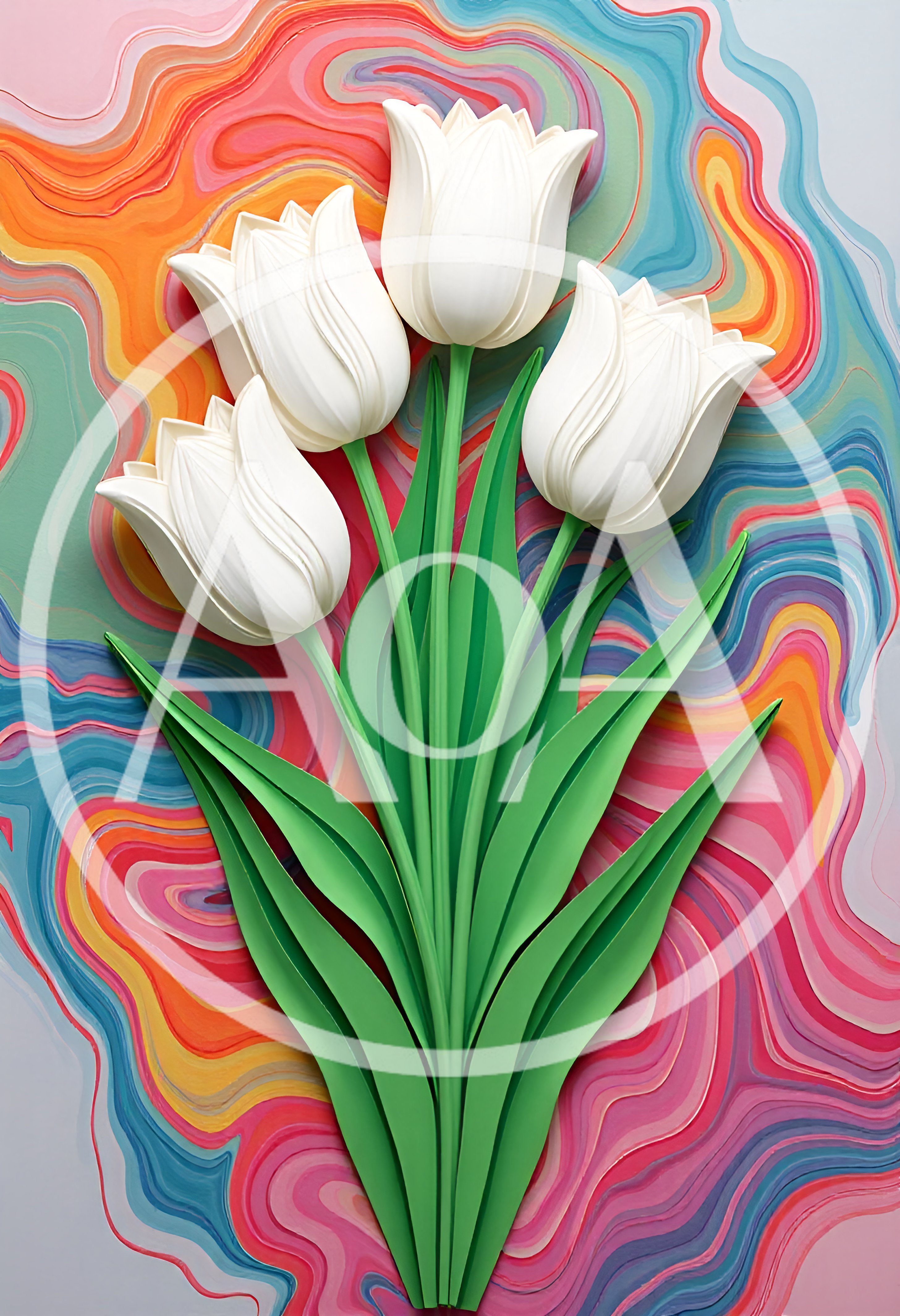Paper Craft White Tulips On Abstract Colorful Background
