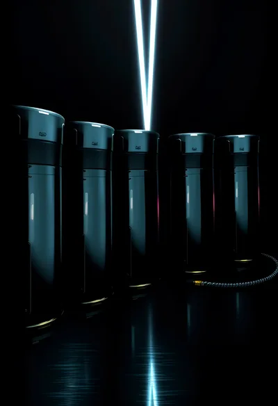 Futuristic Cylindrical Data Storage Servers In Dark Room