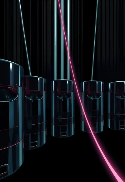 Futuristic Cylindrical Data Servers With Glowing Pink Laser Beam