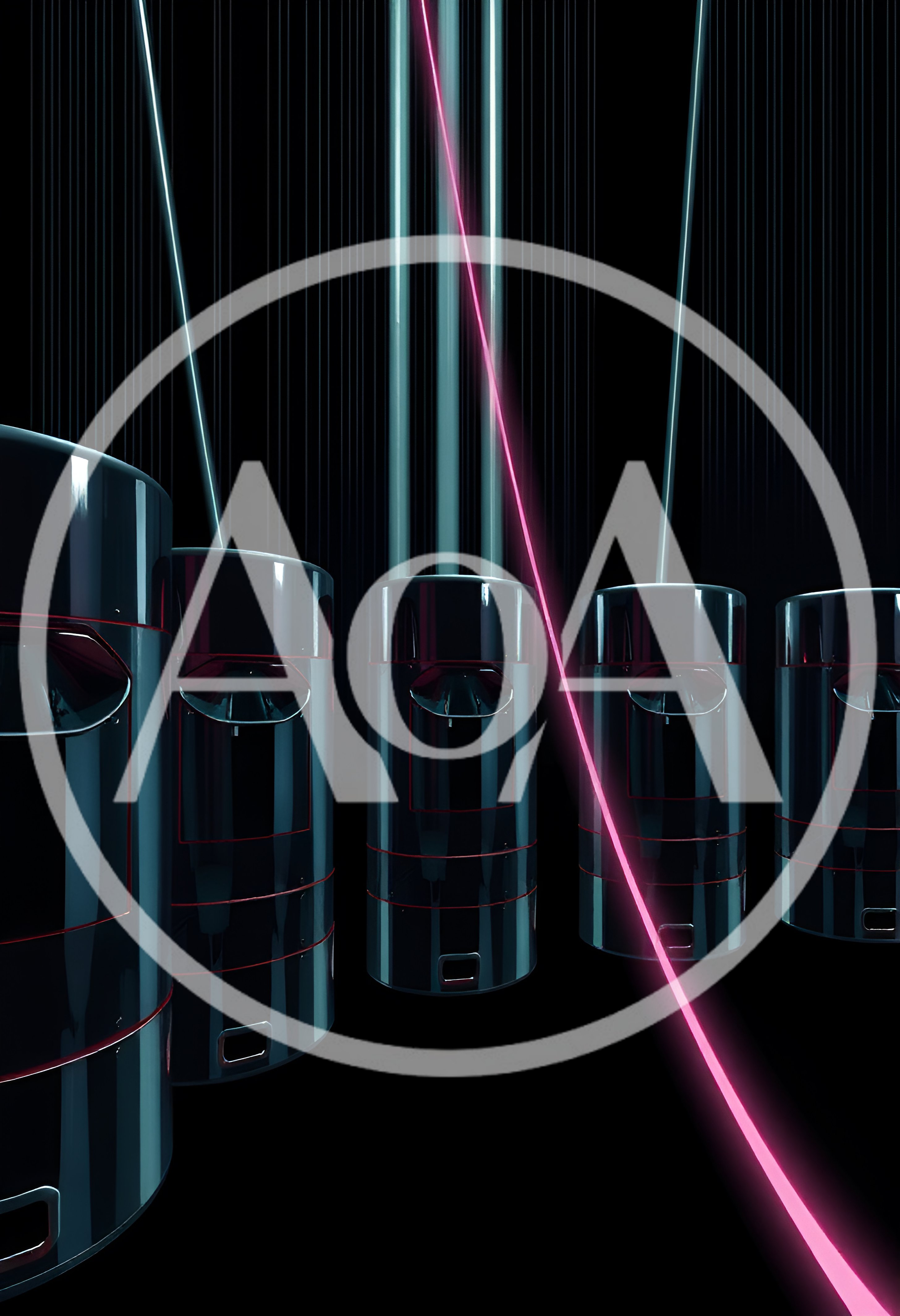 Futuristic Cylindrical Data Servers With Glowing Pink Laser Beam
