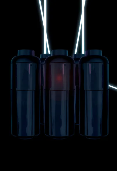 Futuristic Dark Cylindrical Capsules With Glowing Light Beams