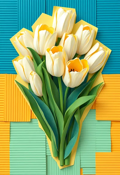 Bouquet Of White Tulips On Textured Colorful Background