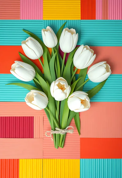 White Tulip Bouquet on Colorful Geometric Background