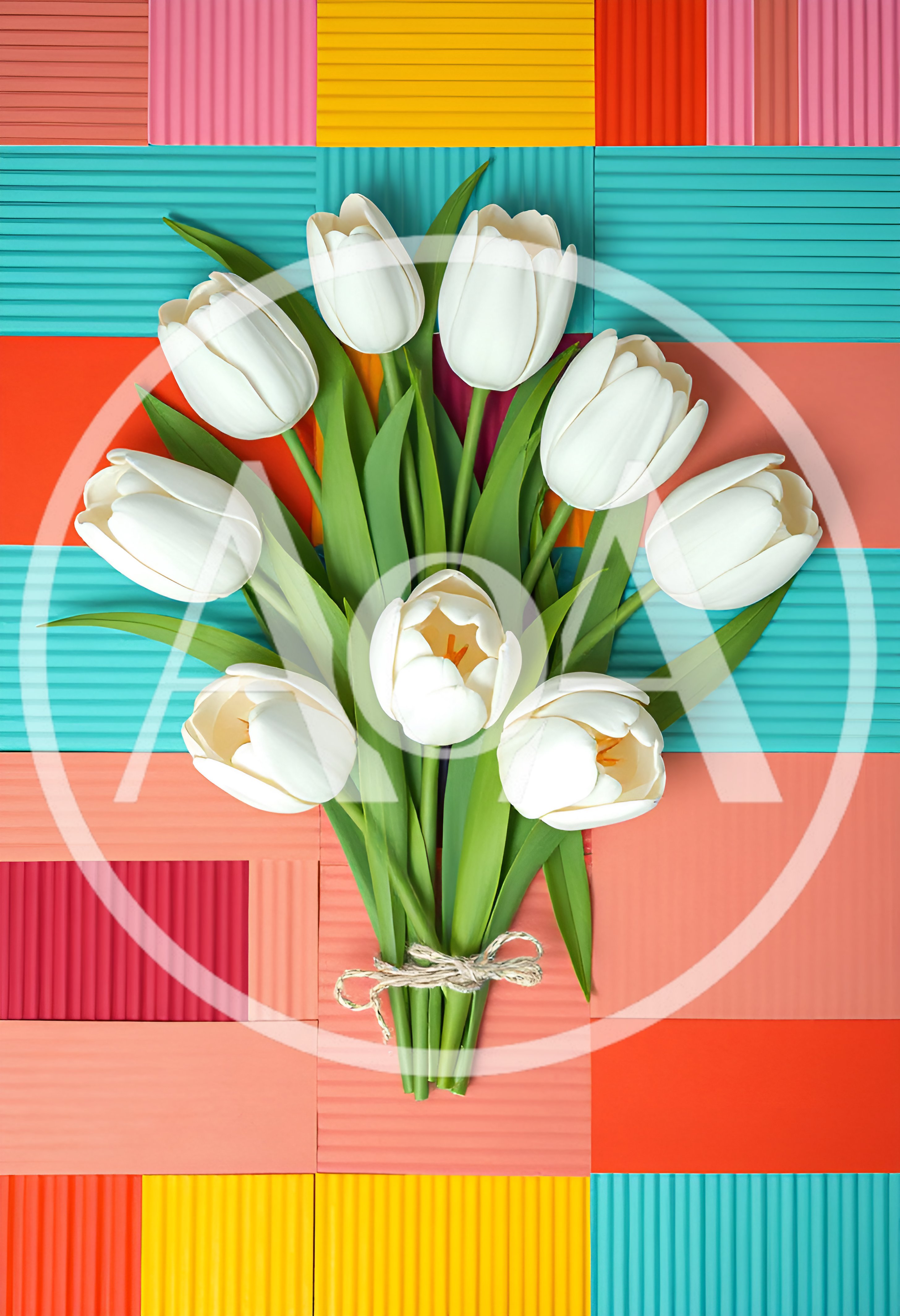 White Tulip Bouquet on Colorful Geometric Background