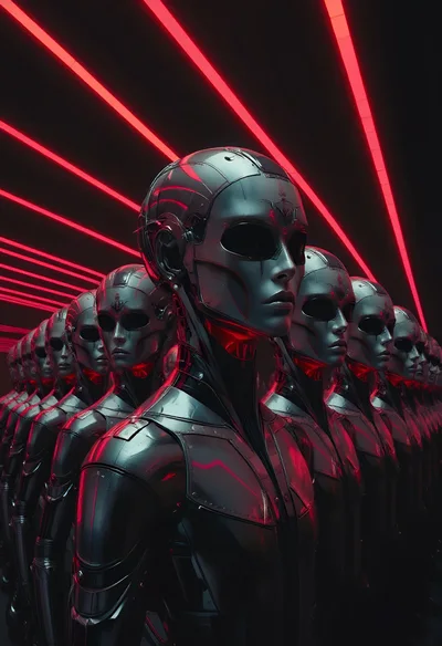 Futuristic Android Army Standing In Dark Neon Corridor