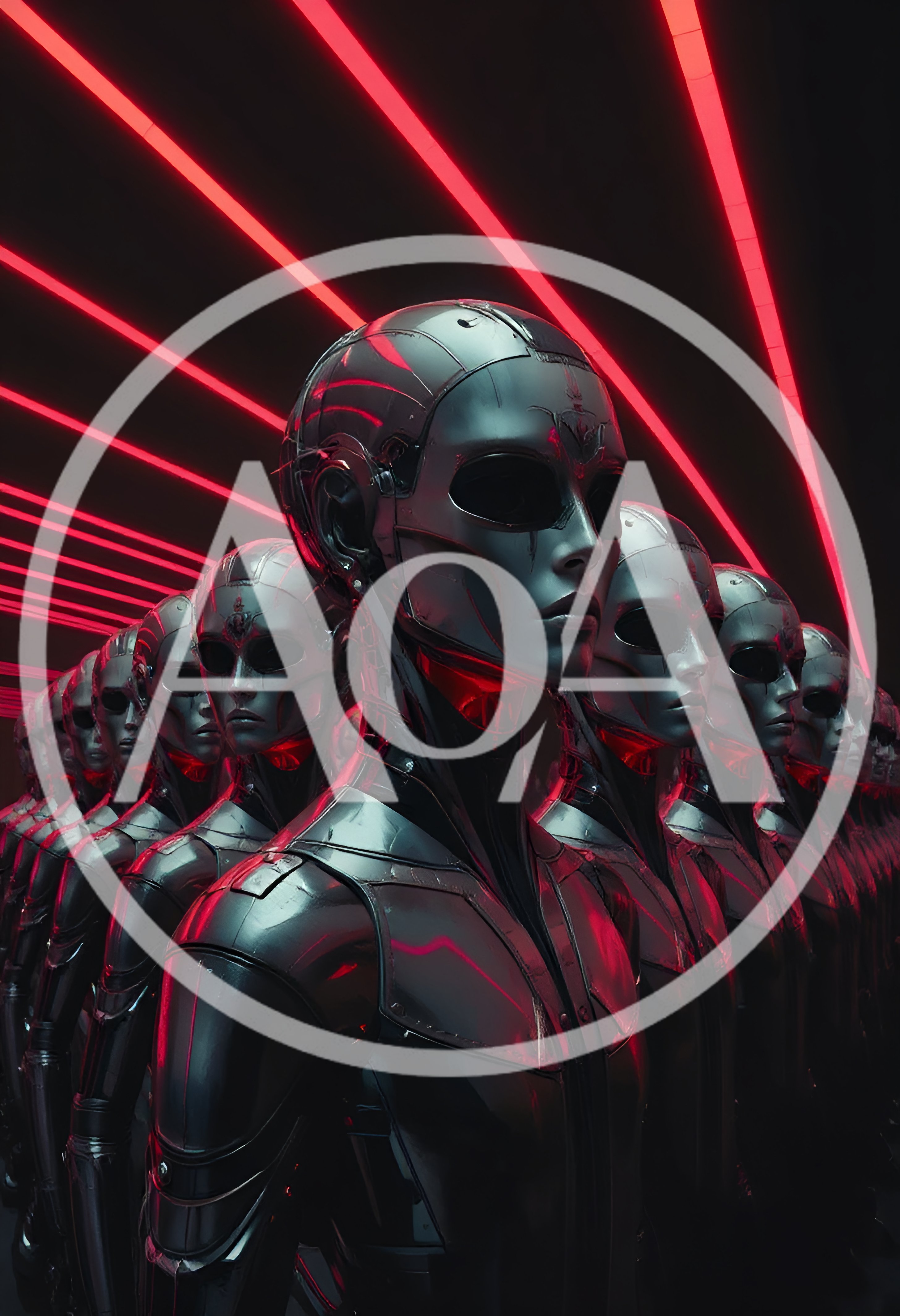 Futuristic Android Army Standing In Dark Neon Corridor