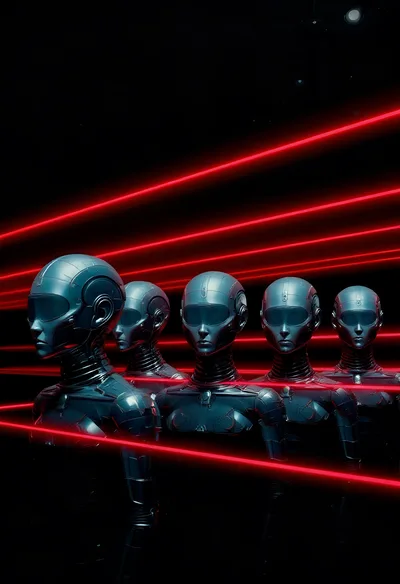 Futuristic Android Robots Standing In A Row