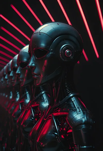 Row Of Futuristic Android Robots In Dark Setting