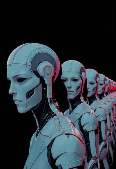 Row Of Identical Futuristic Android Humanoid Robots
