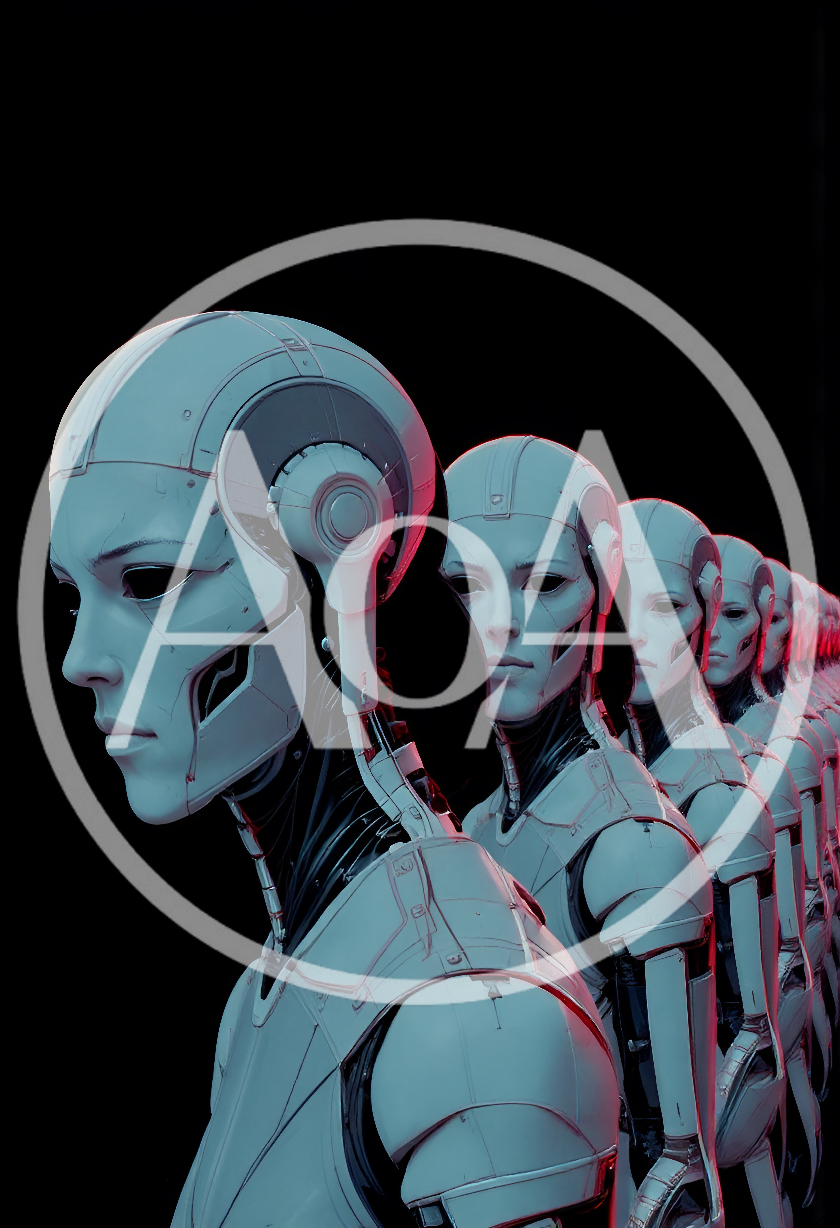 Row Of Identical Futuristic Android Humanoid Robots