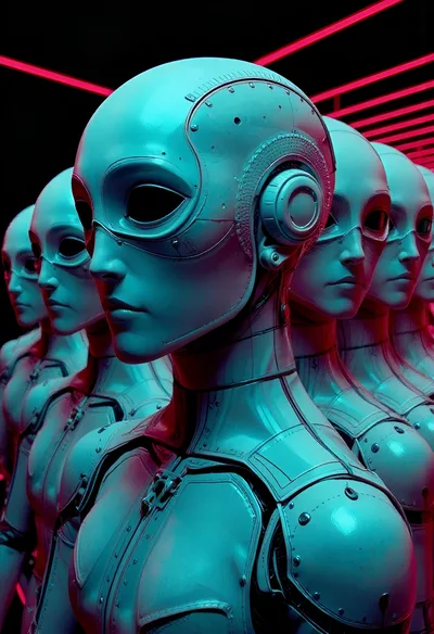 Row Of Futuristic Androids In Neon Lighting